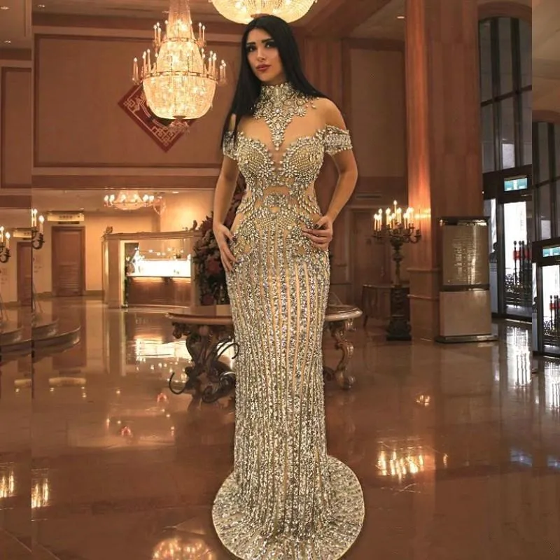 Lyxiga Rhinestone Crystals Mermaid Prom Klänningar High Neck Pärlor Kortärmad Sparkly Bedövning Dubai Celebrity Evening Dresses BC2864