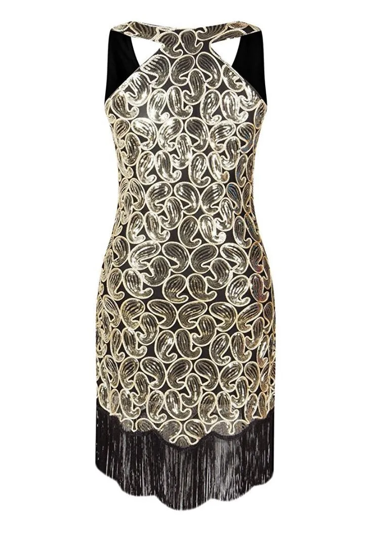 Wholesle-damskie 1920s Cekiny Paisley Wzór Racer Powrót Flapper Black Gold Dress Sexy Fringe Great Gatsby Party Dress Vestidos de Fiesta
