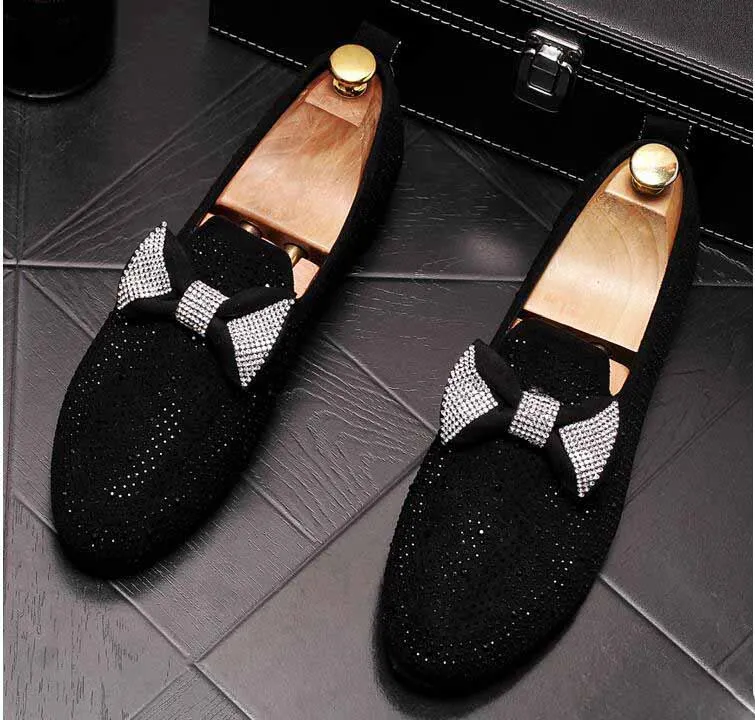 Mocasines de ante para hombre con bordado de diamantes de imitación negros hechos a mano, zapatos de fiesta de boda para hombre, zapatos de vestir elegantes Nobles dorados de lujo para hombre