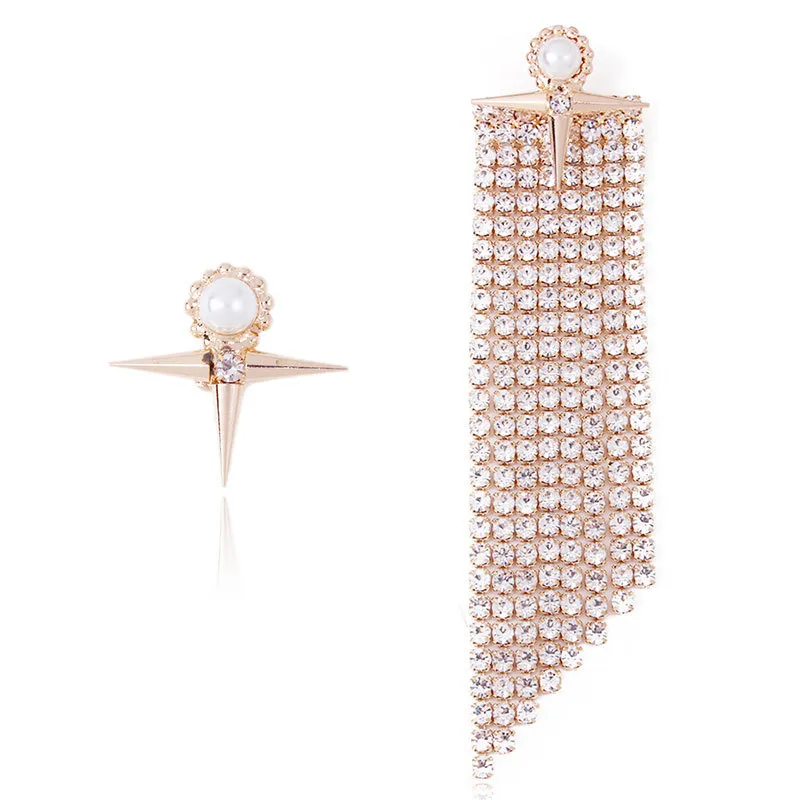 Atacado-designer de moda de luxo cheio de strass diamante assimetria longa borla brincos de pérola do parafuso prisioneiro para as mulheres
