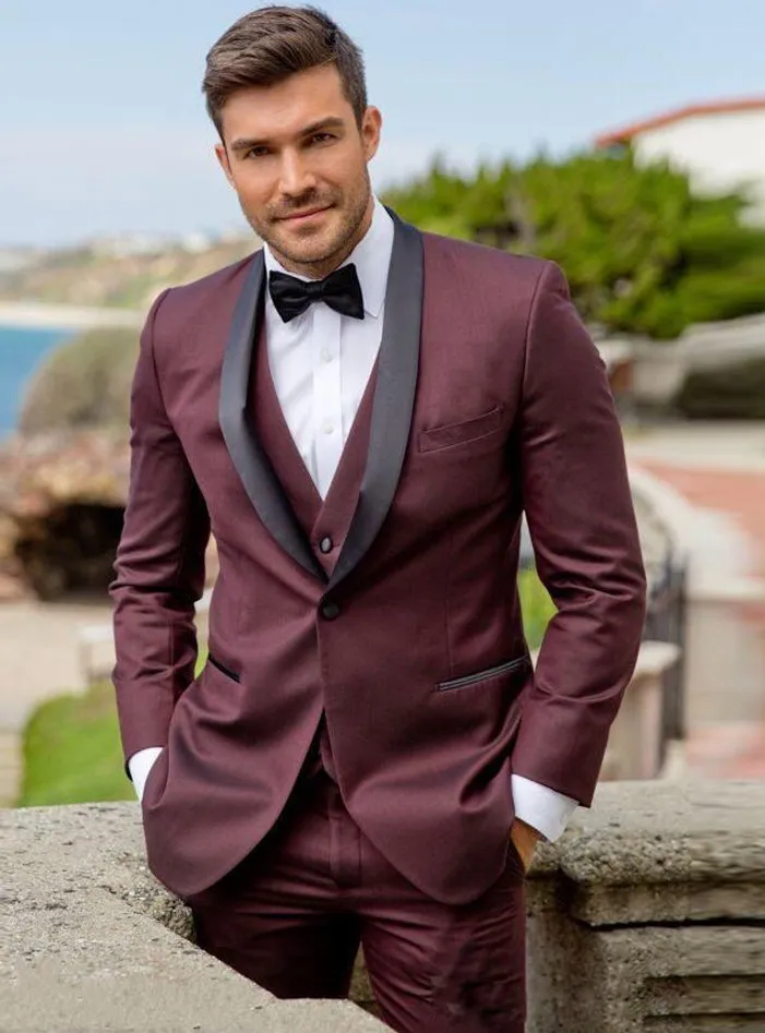 Burgundy Groom Tuxedos Black Shawl Lapel Groomsman Wedding Tuxedos Fashion Men Prom Jacket Blazer 3Piece Suit(Jacket+Pants+Tie+Vest) 863