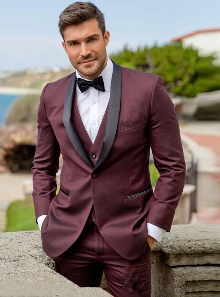 Burgundy Groom Tuxedos Black Shawl Lapel Groomsman Bröllop Tuxedos Fashion Men Prom Jacka Blazer 3piece Suit (Jacka + Byxor + Tie + Vest) 863