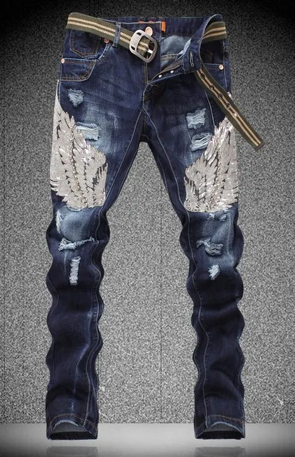 Męskie dżinsy modne-następujące męskie skrzydła orła haftowe cekinowe cekiny dziury dżinsy szczupłe spodnie żebrowane dżinsy robinowe