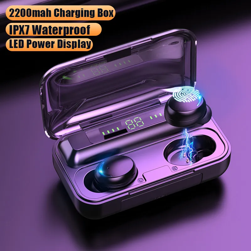 F9-5 trådlösa hörlurar 5c Bluetooth 5.0 Earphones laddbox med mikrofonsportvattentäta headset Earskydd