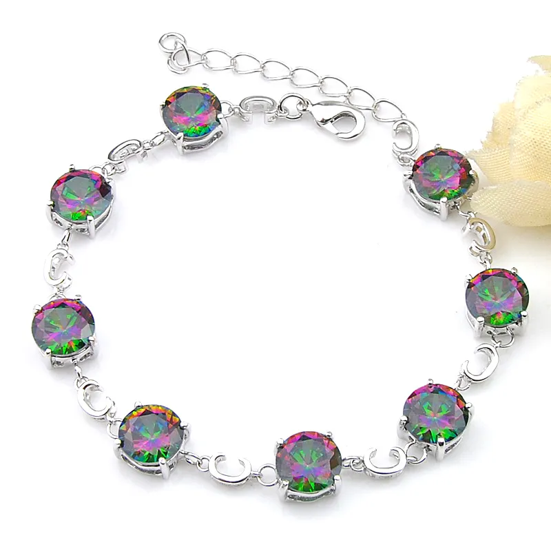 Luckyshine High Quality Holiday Gift Trendy Round Rainbow Mystic Topaz Gemstone 925 Silver Wedding Bracelets Jewelry B1141