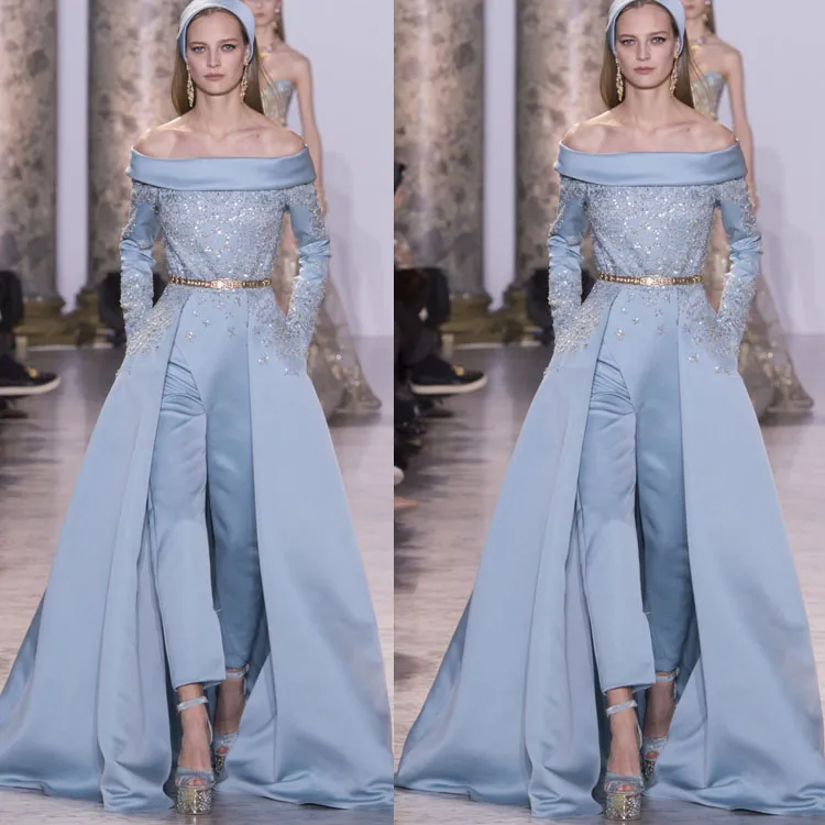 Light Blue Jumpsuit Prom Dresses Satin Off Shoulder Long Sleeve Evening Dresses With Detachable Sequins Appliqued Party Gowns