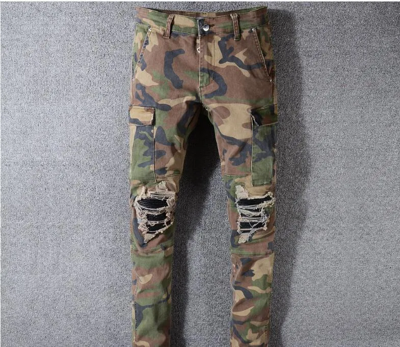 Camo jeans nova moda verão masculino rasgado motociclista calças casuais hip hop jeans para jeans calças compridas