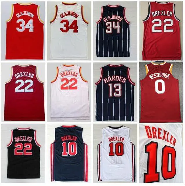 망 스포츠 착용 빈티지 # 34 Hakeem Olajuwon Jersey 레드 화이트 # 22 Clyde Drexler New Material 러셀 # 0 Westbrook # 13 Harden Statched