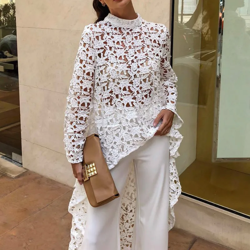 Everything Women Summer Dress 2019 Hollow out White Lace Dress Long Sleeve High Quality Irregular Ladies Dresses Streetwear Female Vestidos