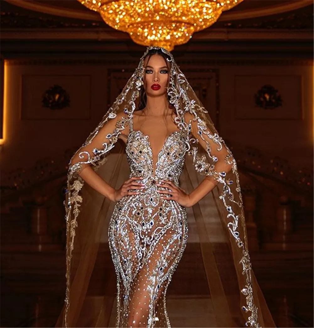 Sexy Dubai Árabe Luxo Sereia Vestidos De Noiva de Cristais Rhinetones Sweard Train Sparkly Vestido De Sexy Dubai Árabe Luxo Sereia Vestidos De Noiva de Cristais Rhinetones Sweard Train Sparkly Vestido De