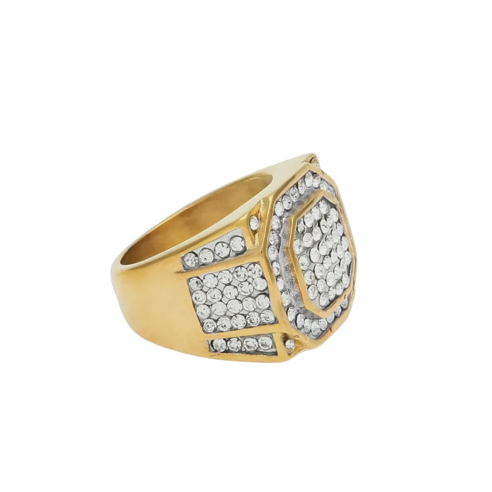 Nowy Przyjazd Ze Stali Nierdzewnej Pure Gold Color Iced Out Hip Hop Ring Męskie Pierścionki Bling Bling Jewelry Anel