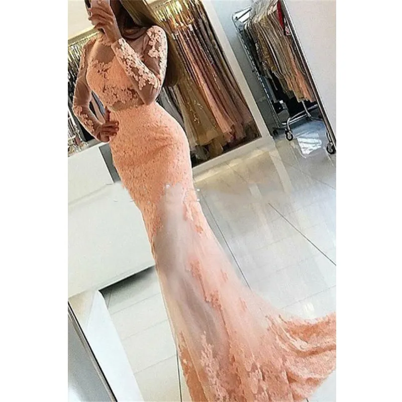 Sexy Mermaid Lace Jewel O-Neck Prom Dresses Long Sleeve Open Back Sheer Party Prom Gowns Applique Vestido De Festa
