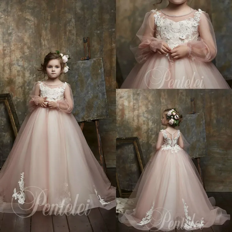 Cute Ball Gown Flower Girl Dresses Jewel Long Sleeve Lace Applique Sequins Crystal Pageant Dress Floor Length Girl's Birthday Party