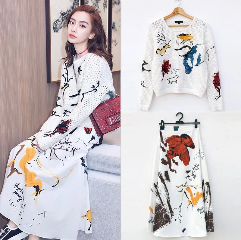 Angelababy Super Star Ten sam sweter+spódnica Cutie White Casual Travening Fresh Deer Print Graffiti Autumn Spring Winter Drobne wykonanie