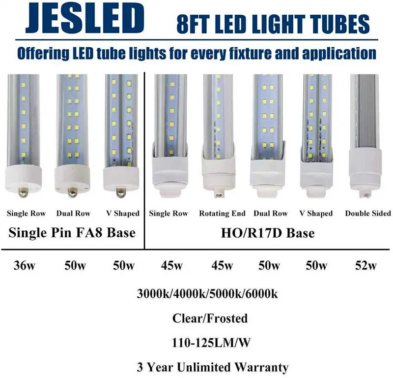 8ft LED 라이트 튜브 V 모양 72W 6000K 단일 핀 FA8베이스 T8 T10 T12 LED 형광 전구 교체 150W 등가