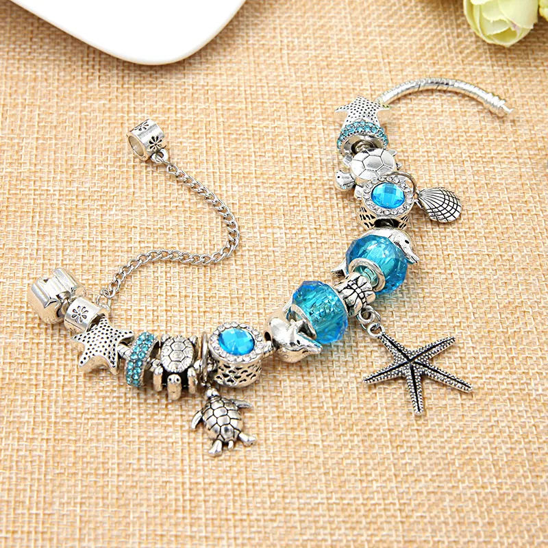 Bracciale placcato in argento con perline per animali tartaruga stella marina all'ingrosso Adatto per gioielli con bracciale stile Pandora