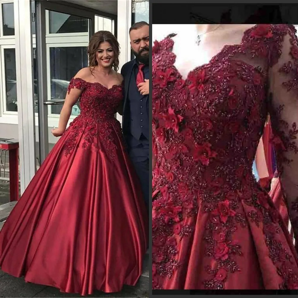 Robes de bal sexy bordeaux tenues de soirée formelles robes de concours de fête épaules dénudées dentelle arabe appliques fleurs 3D perles de satin pas cher vintage