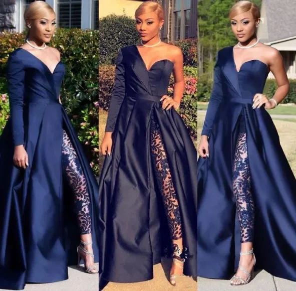 Sexy Cheap Dubai One Shoulder Prom Dresses Pant Suits Navy Blue High Split Long Sleeve Formal Party Gowns Jumpsuit Celebrity Evening Dresses