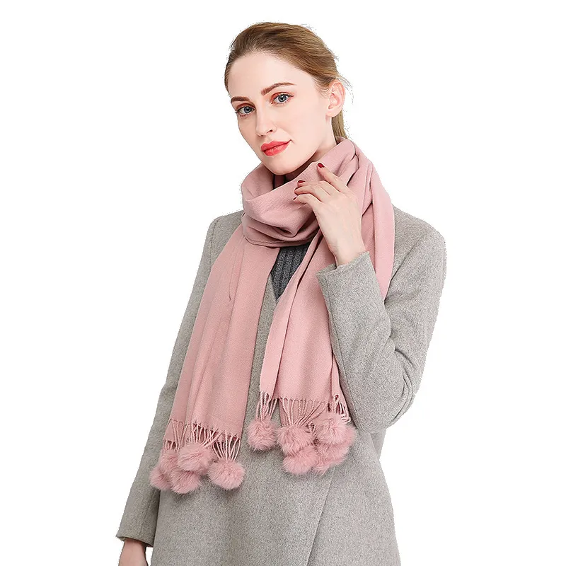 VISROVER 2019 23 colorazioni Moda Cashmere Donna Sciarpa invernale Pompon in vera pelliccia Scialle autunno inverno Sciarpa invernale femminile Pompon Y200103