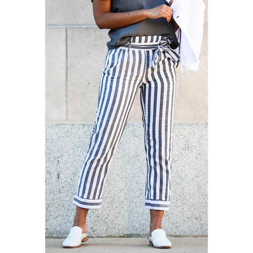 NEW Women Skinny Patchwork Striped Pants Women Pockets OL Style Work  Trousers 2018 Spring Mid Waist Pants