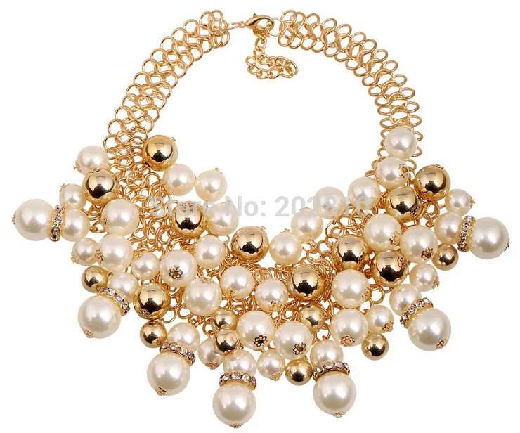 new model big & chunky chain pearl necklace for gold-color,fine quality pearl multi-layer necklaces Wedding party