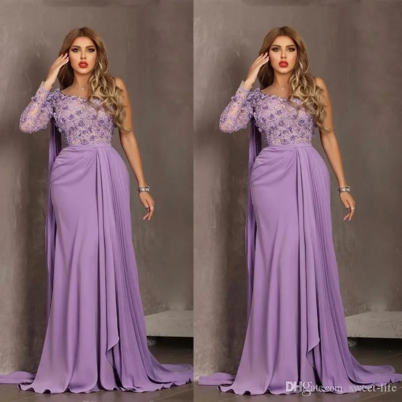 Aso Ebi Arabische lila een schouderschede avondjurken kant kralen prom jurk appliques formele jurk feestjes gewaden de soirée