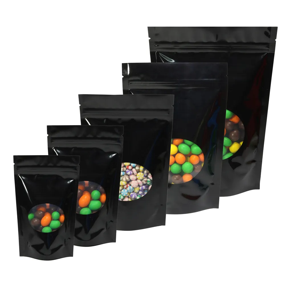 Sizes 100pc Glossy Colors Reclosable Storage Bag Tear Notch Aluminum Foil Zip Lock Stand Up Package Bags W/ Oval Window