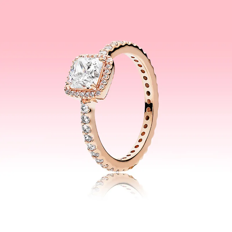 Rose Gold Plated Wedding Ring CZ Diamond Engragment Smycken för Pandora 925 Silver Square Sparkle Halo Ring Set med originallåda