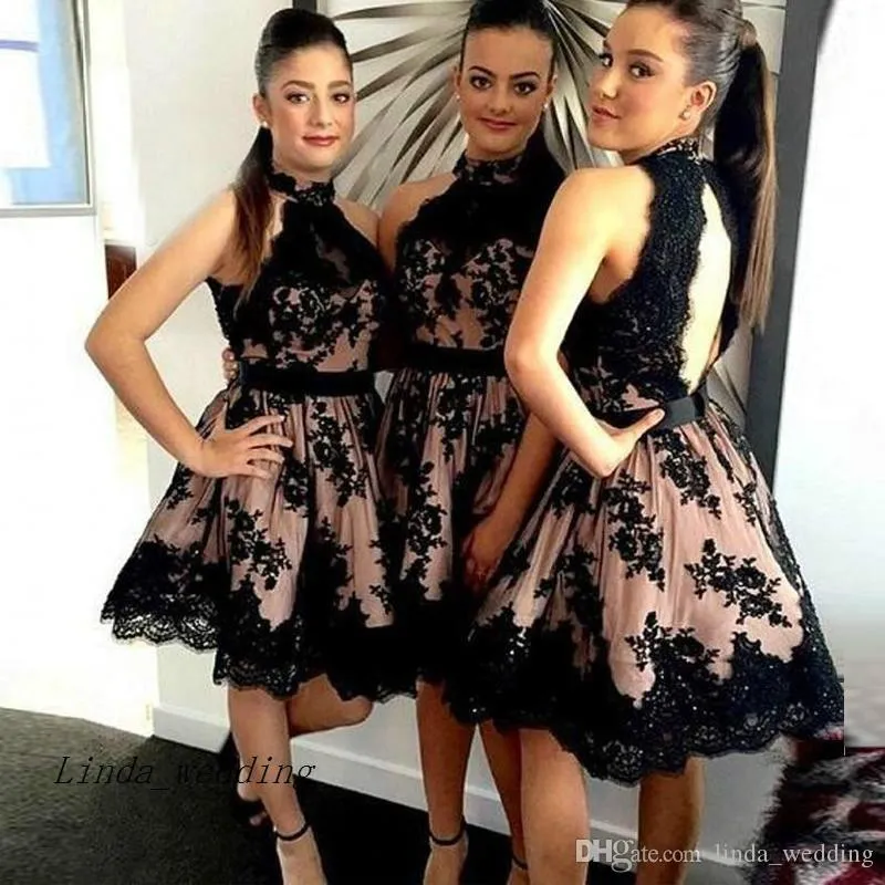 2019 New High Neck Black Lace Bridesmaid Dress Cheap Summer Open Back Short Knee Length Maid of Honor Gown Plus Size Custom Made