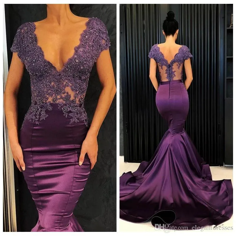 Billige Meerjungfrau Purple Prom Kleider V-Ausschnitt Spitzen Applikationen Kurzfrau Abendkleid Kleider Spezial OCN Sweep Zug Long Formal Kleid