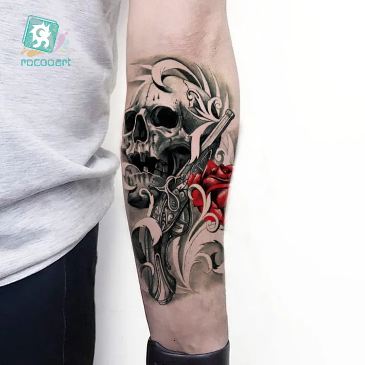 LC-811/pegatina de tatuaje grande, manga de brazo falsa de Halloween, diseños de calavera de terror, tatuaje temporal para brazo de hombre.