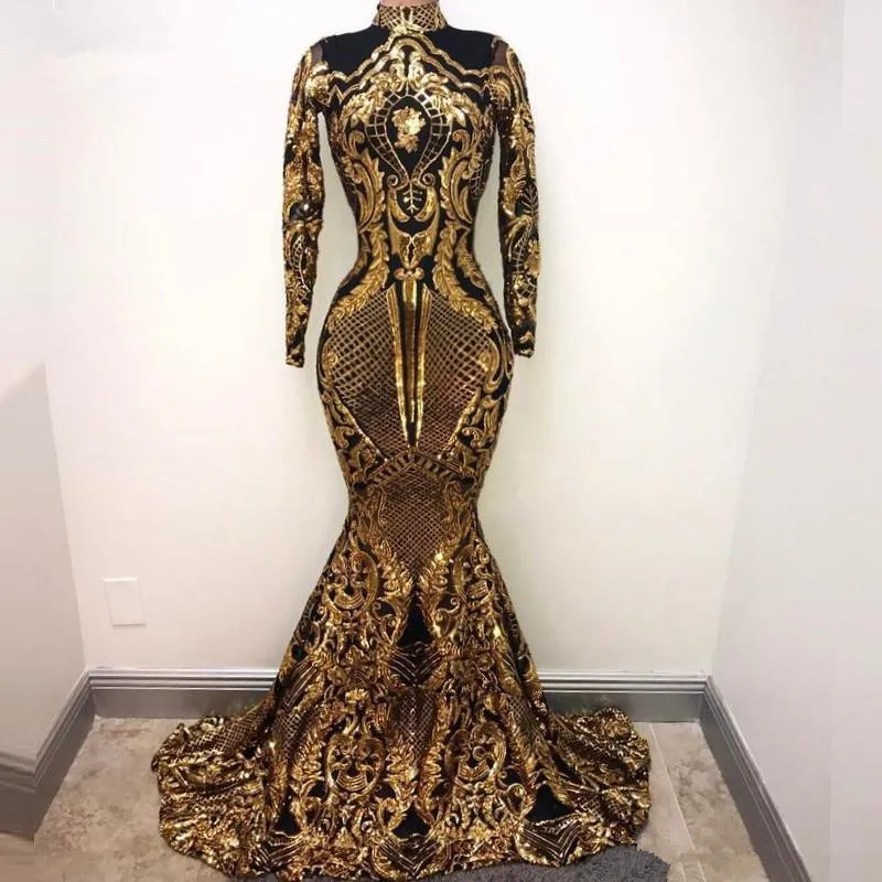 prom dresses 2019 black and gold Customized (can Not Be Refund) Black And Gold Sequin Black Girl Long Prom Dresses 2023 Sexy Sheer Mermaid Style Women Prom Formal Gala Party
