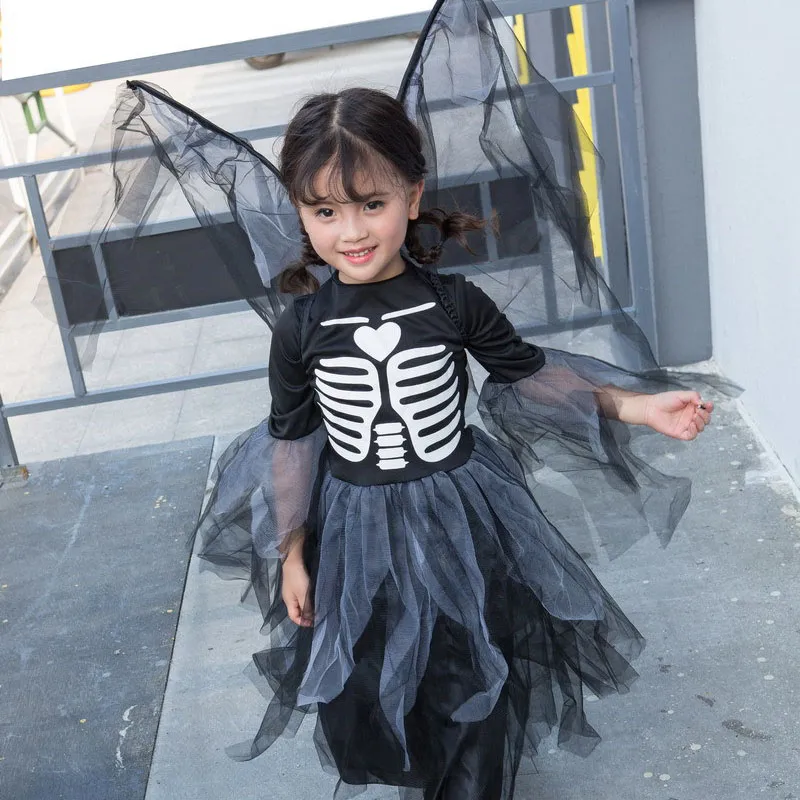 Girl Skeleton Vampire Skirts Halloween Wing Vampire cos Costume Skirts skirt+wing 2pcs/set girl princess dress skull dress kids clothes M189