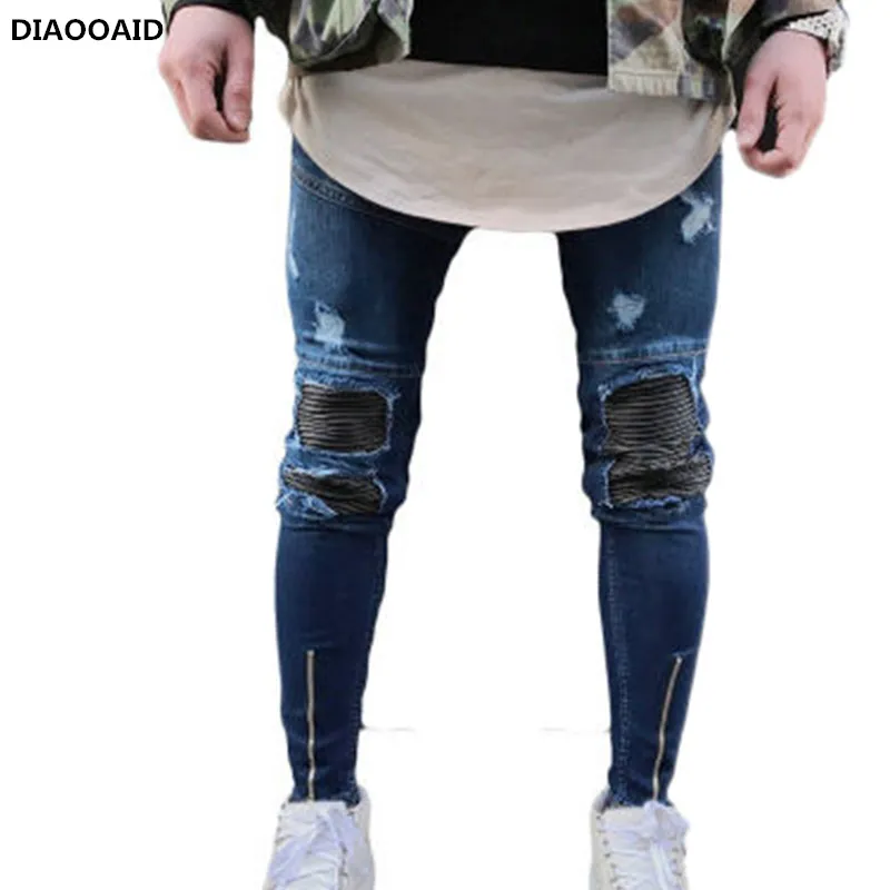 Joelho rasgado clássico trecho jeans homens homens azuis denim skinny calças hip hop masculino streetwear buracos moto elástico calças