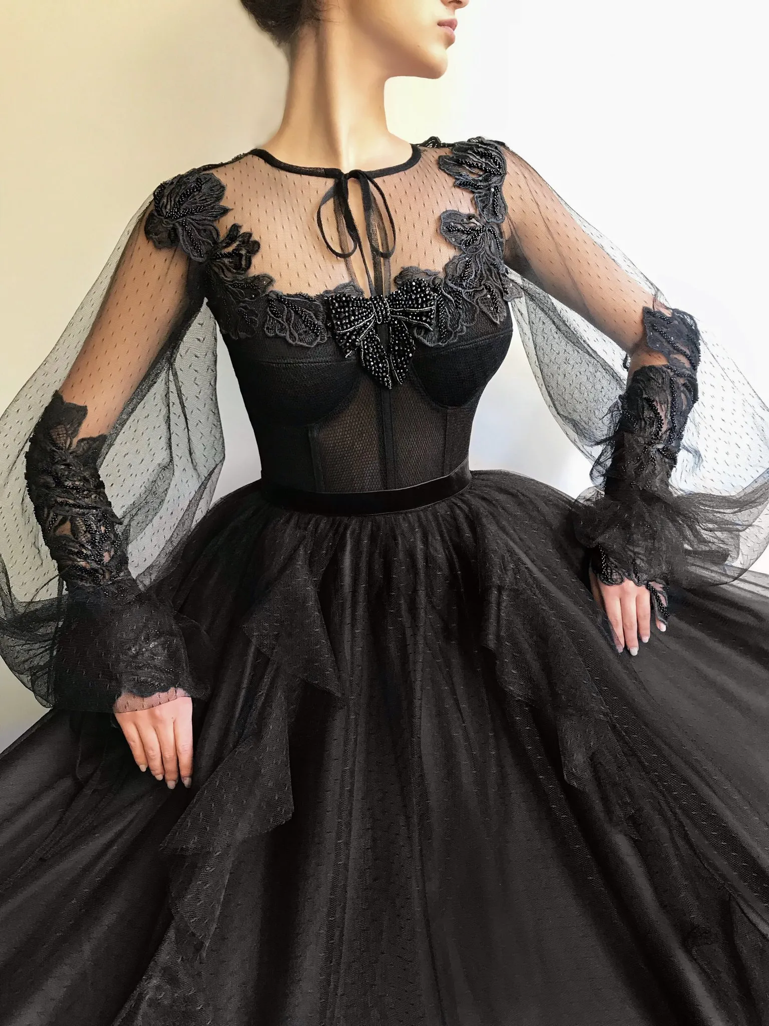 vintage black prom dress ball gown feather lace applique luxury modest –  inspirationalbridal