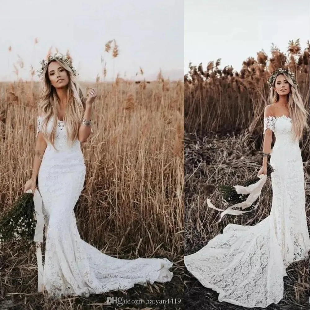 Nya Sexiga Boho Mermaid Bröllopsklänningar Billiga Land Av Skulder Full Lace Backless Beach Sweep Train Plus Size Custom Formal Bridal Gowns