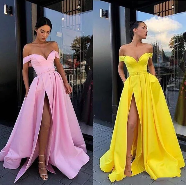 2019 بسيط طويل فساتين السهرة سبليت حزب اللباس مهرجان أثواب vestido دي فيستا لونغو فساتين السهرة أثواب التخرج قبالة الكتف