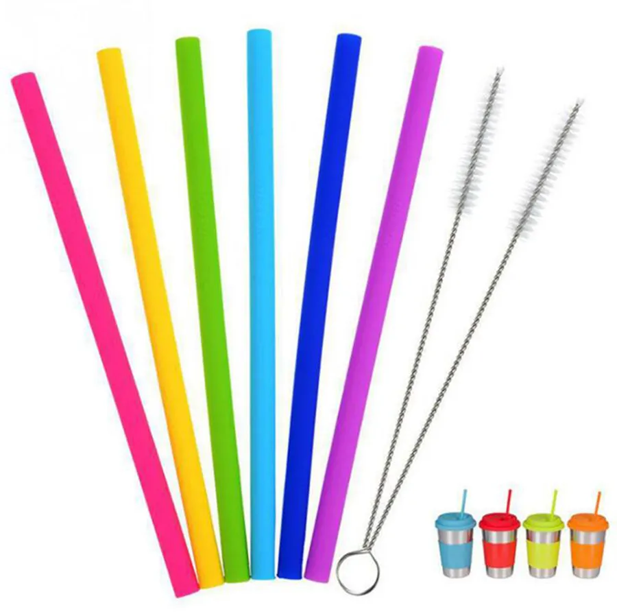 Silicone Drinking Straws 25cm Reusable Flexible Straws with Cleaning Brushes Bar Party Straws Sets 8pcs/set OOA8030