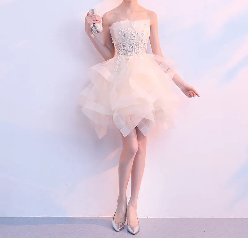 New Arrival Short Homecoming Dress Strapless Lace-up Back Short Party Dress Layers Organza with Applique Beads