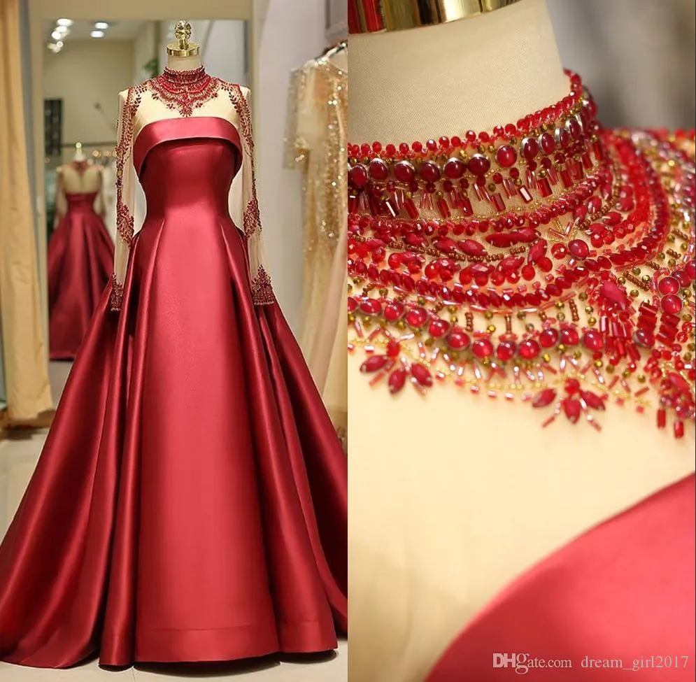 Luksusowy Red A Linia Suknie Wieczorowe Jewel Neck Lace Aplikacja Długie Rękawy Satin Formalna Dress Suknie Wieczorowe Nosić szaty De Soirée Vestidos