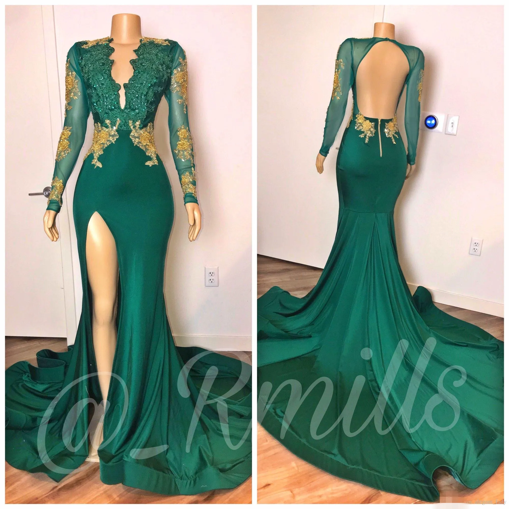 Sleeves Green Long Prom Dresses Mermaid Plunging V Gold Applique Sexy Backless Illusion Sheer Neck Side Slit Evening Gowns 0420