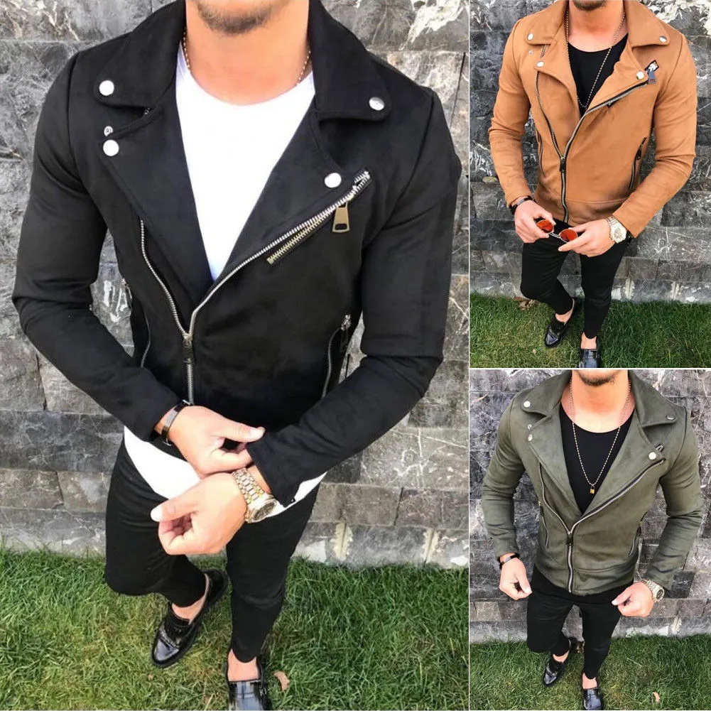 2018 осеннее стильное мужское полупальто, теплая замшевая кожаная байкерская куртка, верхняя одежда на молнии, укороченные топы размера плюс M-2XL