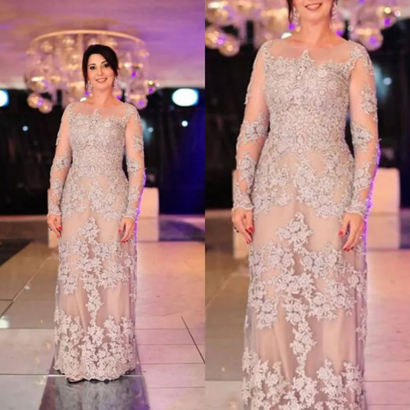 Szampański Plus Size Koronki Matka Suknie Panny Młodej 2018 Długa Illusion Jewel Deckline Groom Mom Formalne Suknie Wieczorowe Elegancka Sheath Długi Rękaw