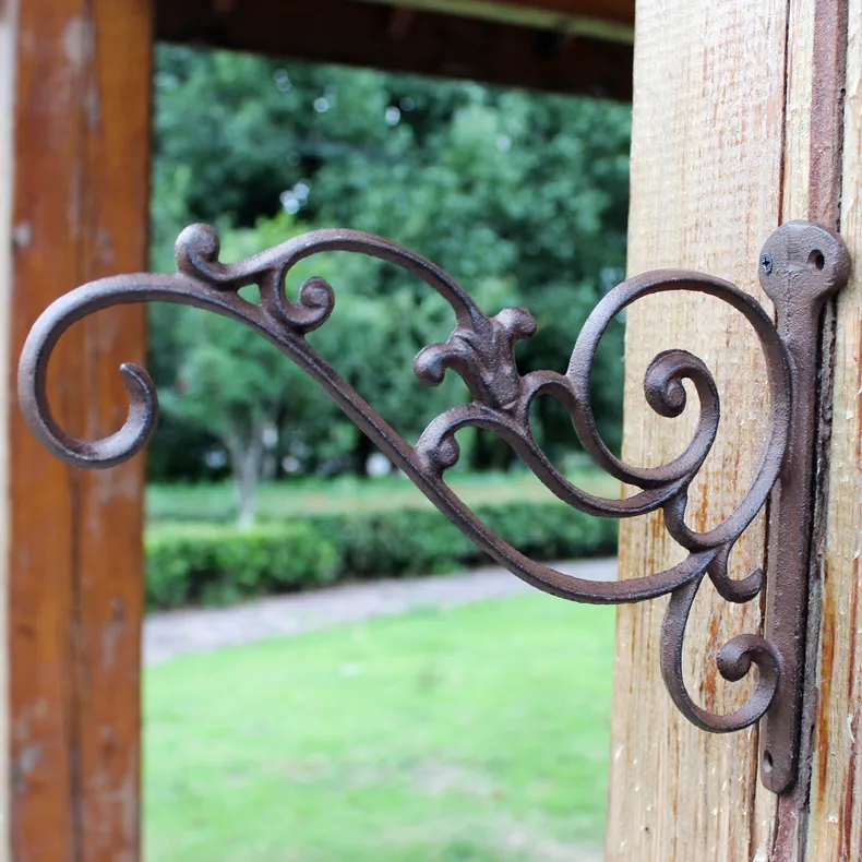 4 Stück dekorative Wandhaken aus Schmiedeeisen, Halterungen für den Garten, Dekorationen zum Aufhängen von Pflanzen, Laternen, Vogelkäfigen, Blumentöpfen, Kleiderbügel aus Metall, Braun, Antik-Stil