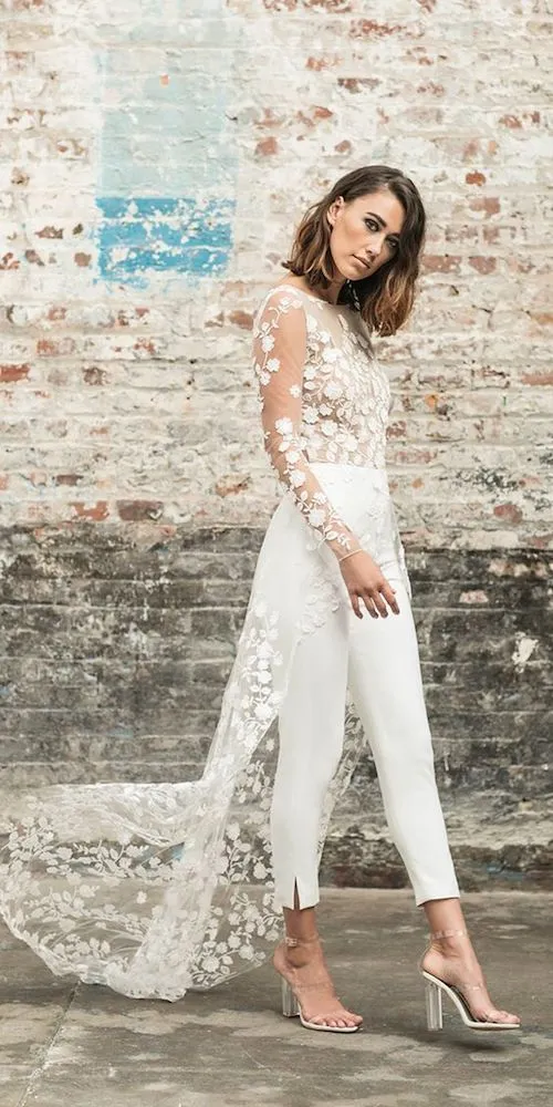 2020 Designer Tuta Abiti da sposa da spiaggia Gioiello Collo Manica lunga Backless Caviglia Lunghezza Abito da sposa Abiti da sposa estivi Due P239g