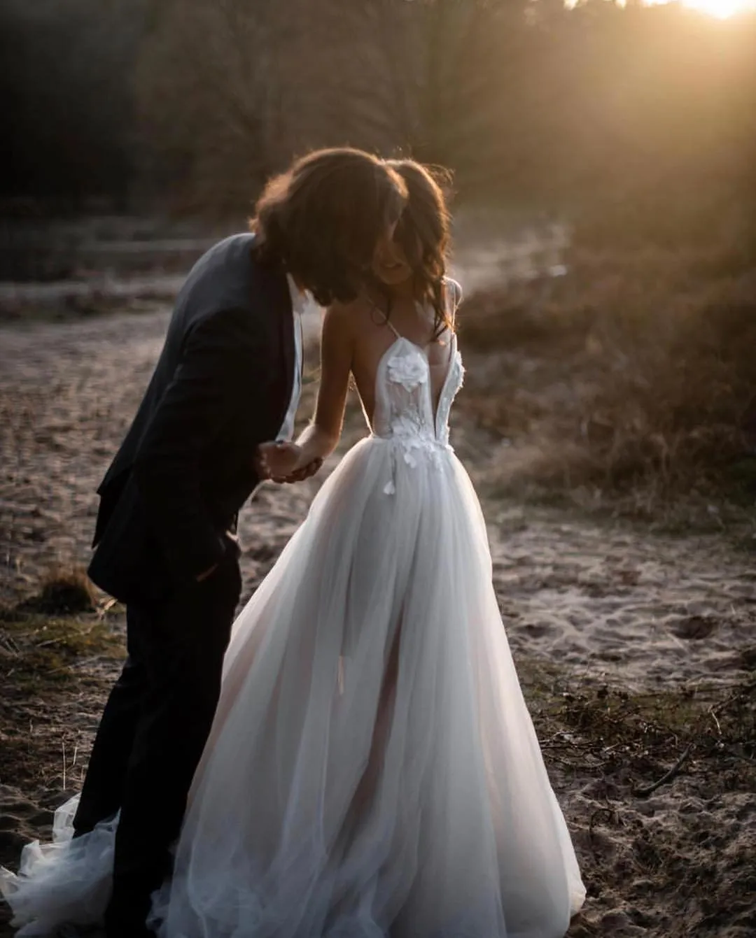 Bohemian Spaghetti Strap boho Beach wedding dress with Appliqued Tulle and Sweep Train - Affordable Bridal Gown