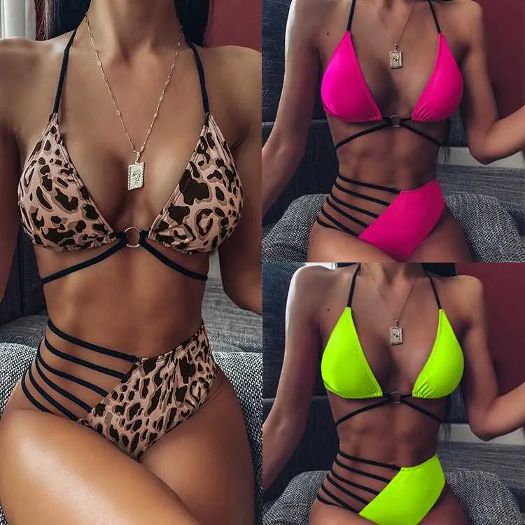 Dize Lace Up Bikini Bandaj Mayo Neon Bikini 2020 Halter Yüksek Bel Mayo Bayan Mayo Bayan Yeni