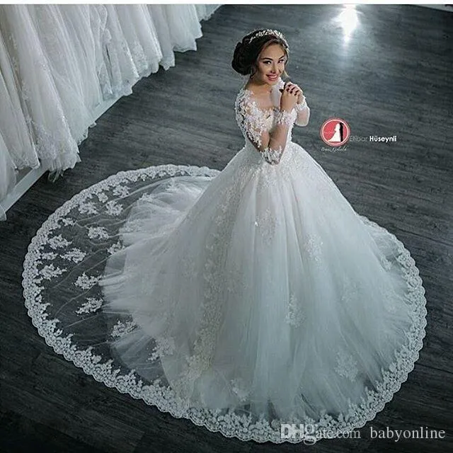 Elegant 2023 Big Ballgown Wedding Dress With Long Sleeves Sheer Crew Neck Lace Appliques Beading And Buttons Dubai Inspired Bridal Gresses BA4150 GB0916 From Bestoffers 125.04 DHgate.Com