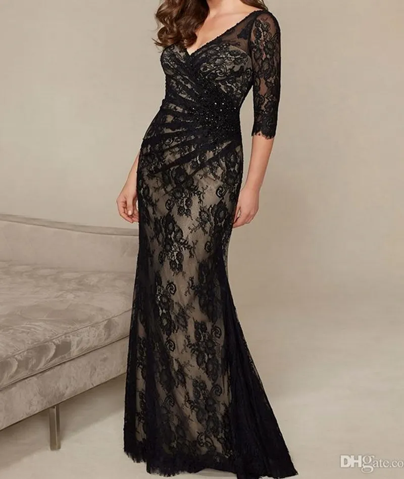 Abito formale a sirena nera Elegante scollo a V mezza manica con perline Applicazioni in pizzo Abiti lunghi serali per la madre della sposa