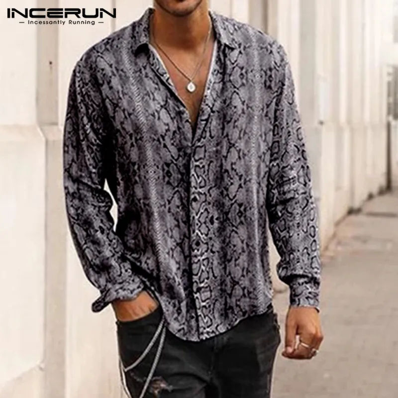 Mäns Casual Shirts Incerun Fashion Printed Shirt Men Långärmad Streetwear Brand Personality Toppar Party Down-down Collar Chemise